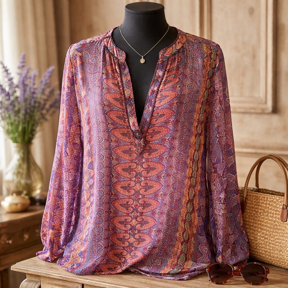 Kas Anthropologie M Sheer Blouse Size M Dashiki Tribal Purple Red Orange NEW